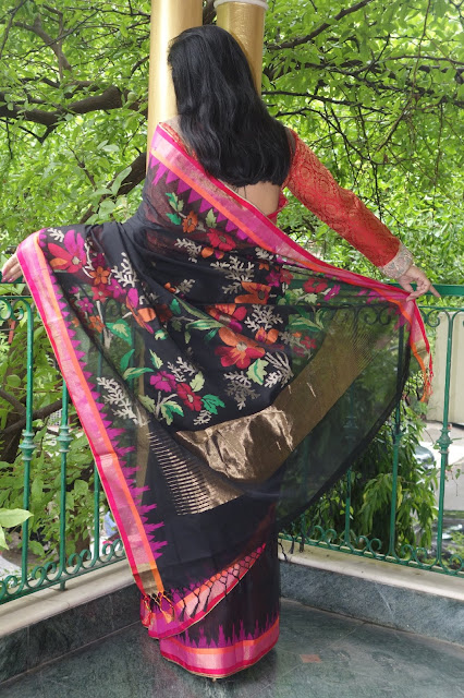 Black Jamdani Ponduru Charkha Khadi saree from Sohum Sutras