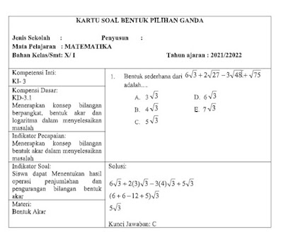 Download Kartu Soal Matematika Kelas X UAS/PAS Ganjil