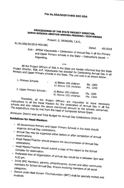 Celebration of Annual Day in all the Primary and Upper Primary schools in the State Instructions issued- Rc.No.SSA/30/2019-MIS-SEC Dated: -03-2019