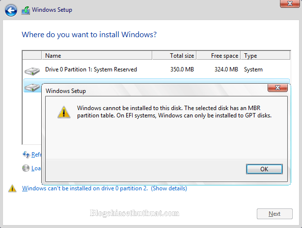 Cách sửa lỗi "The selected disk has an MBR partition table" khi cài Windows