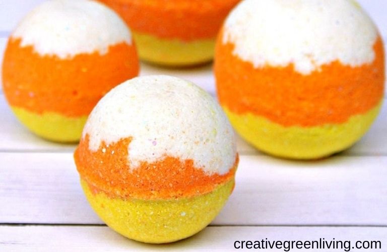 Three layered candy corn bath bombs for Halloween