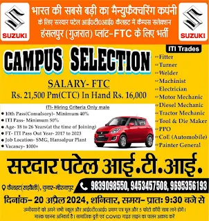 ITI Jobs Campus Placement for Suzuki Motors at Sardar Patel Private ITI Sajhauli, Kailahat, Chunar Mirzapur, Uttar Pradesh