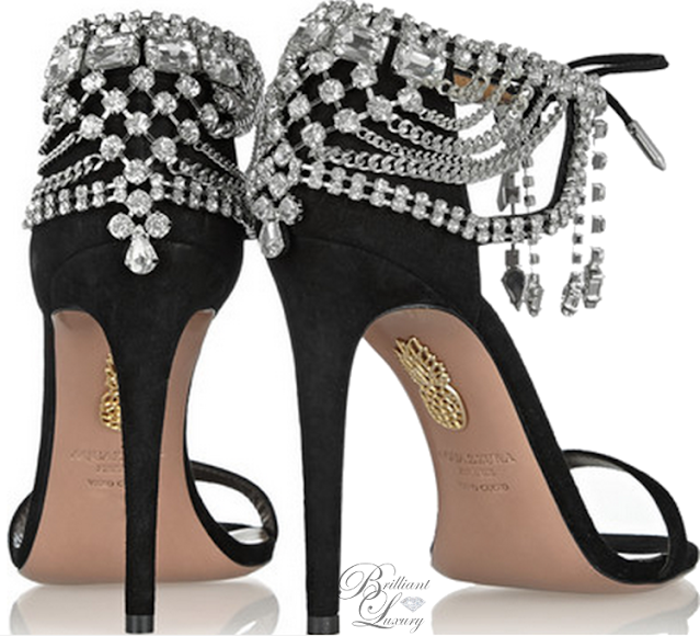 ♦Aquazzura black jewel embellished suede sandals #aquazzura #shoes #bejeweled #brilliantluxury