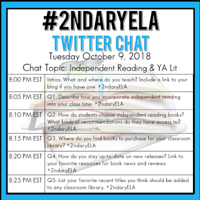 Join secondary English Language Arts teachers Tuesday evenings at 8 pm EST on Twitter. This week's chat will be about independent reading and young adult literature.