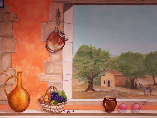 trompe-l'oeil, fresque, décor, peinture, orangé, panier