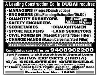Vacancies For a Construction Company In Dubai