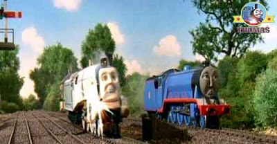 Thomas train Gordon and Spencer the tank engine a huge fast train Eurorail engine rocketed pasted