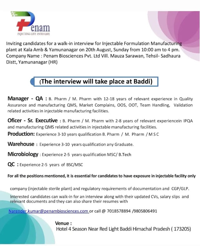 Penam Biosciences | Walk-in interview for Multiple Departments on 20th Aug 2023