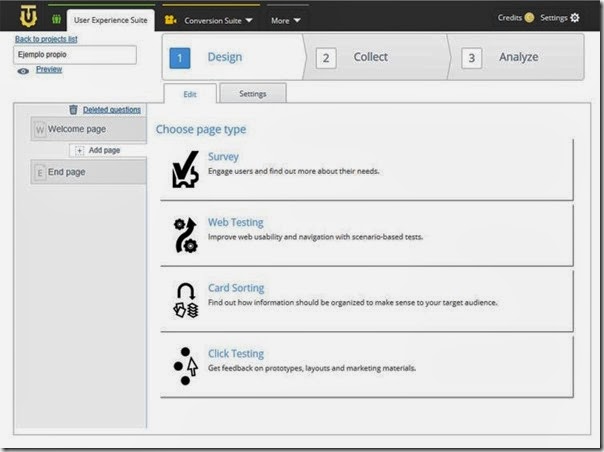 Pantalla de creación de pruebas UX. Se puede seleccionar: Survey, Web testing, CardSorting, Click Testing