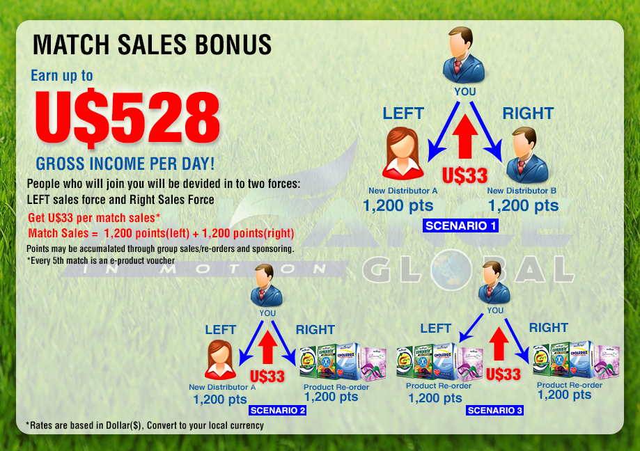  SCENARIO # 1: “PERSON TO PERSON MATCH SALES BONUS”   People who will join you will be divided into two (2) groups, Left Sales Group and Right Sales Group. Whenever there is a new member in LEFT SIDE and another new member in RIGHT SIDE,the system will automatically matched them and you will earn $33 which you can withdraw automatically. (DAILY INCOME)   SCENARIO # 2: “PERSON TO PRODUCTS PAIRING BUNOS” However, the system calculates points, not each member but a group. A new member is equivalent to 1,200 points. Each product has its own corresponding points. So whenever there is a new member on one side, and a group-accumulated product re-order points of 1,200 on another side, you will still earn $33 which you can withdraw autimatically. (DAILY INCOME)   SCENARIO # 3: “PRODUCT TO PRODUCT PAIRING BUNOS”  Consequently, a group-accumulated product re-order  points of 1,200 on one side and another group-accumulated product re-order points of 1,200 on another side will earn you $33 which you can withdraw automatically. (DAILY INCOME)  Every distributor is allowed maximum of 16 matched sales per day  2 cycle per day 1st cycle: 12:00am-11:59am - 8 matched sales per day 2nd cycle: 12:00pm-11:59pm - 8 matched sales per day  Every 5th matched sales=electronic gift cheque. So: 16 matched x $33 = $528/day x 30 days = $15,840