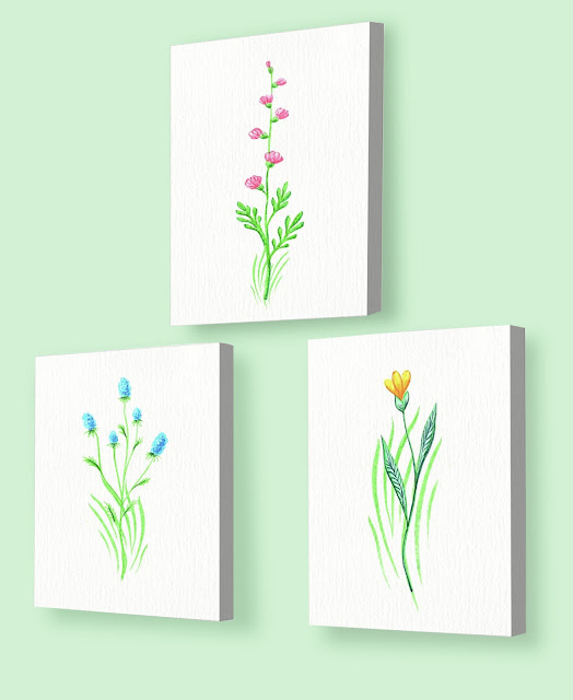 Yellow Pink And Blue Wildflowers Botanical Watercolor On White Canvas