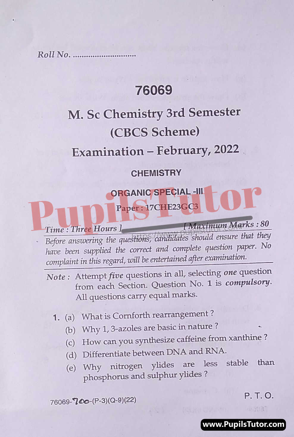 MDU (Maharshi Dayanand University, Rohtak Haryana) MSc Chemistry CBCS Scheme Third Semester Previous Year Organic Special-III Question Paper For February, 2022 Exam (Question Paper Page 1) - pupilstutor.com