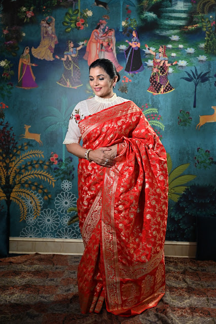 Red jangla jaal katan silk Banarasi saree