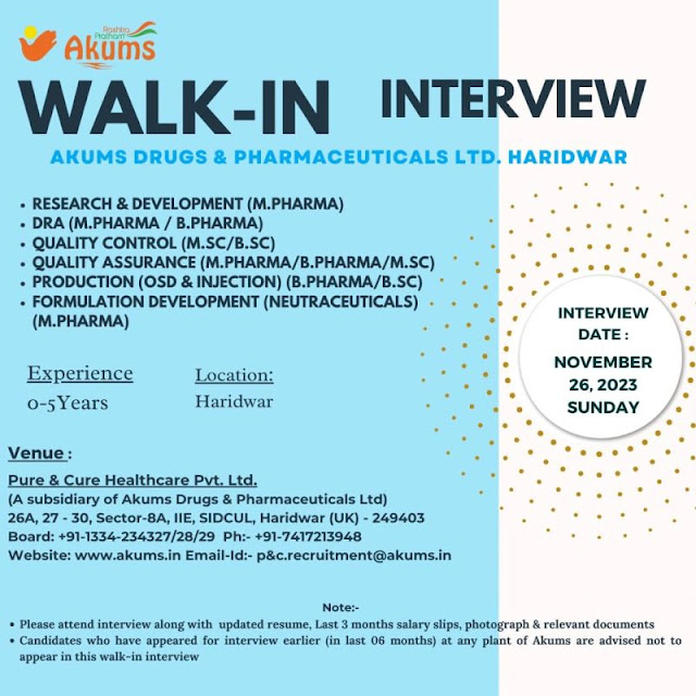 Pure & Cure Healthcare ( Akums Drugs & Pharma) Walk in Interview For R&D/ DRA/ QC/ QA/ Production) OSD & Injection)/ F&D