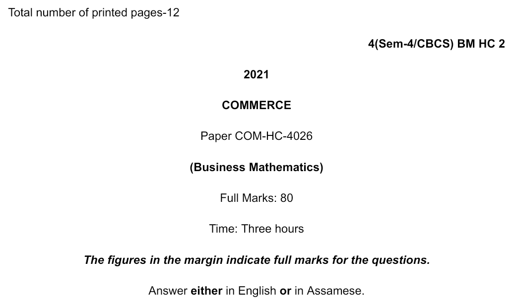 Business Mathematics 2021 Question Paper - Gauhati University | B.Com 4th Sem
