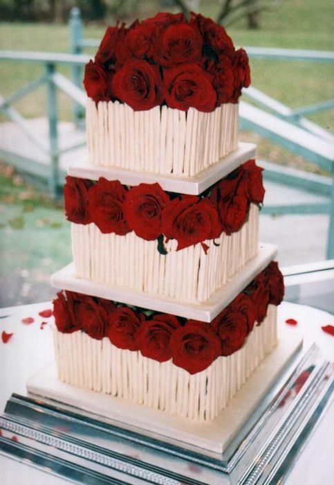 White Cigarillo Wedding Cake Red Roses Gorgeous three tier white cigarillo