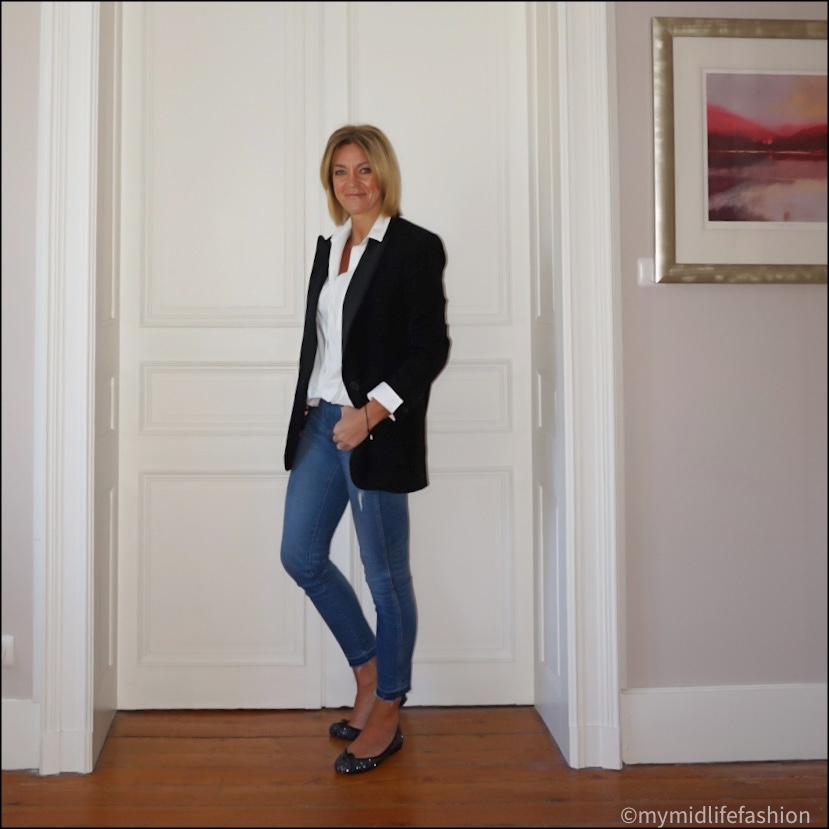 my midlife fashion, baukjen heather organic shirt, j crew 8  inch toothpick jeans, Isabel Marant oversized blazer, French sole Henrietta glitter ballet pumps