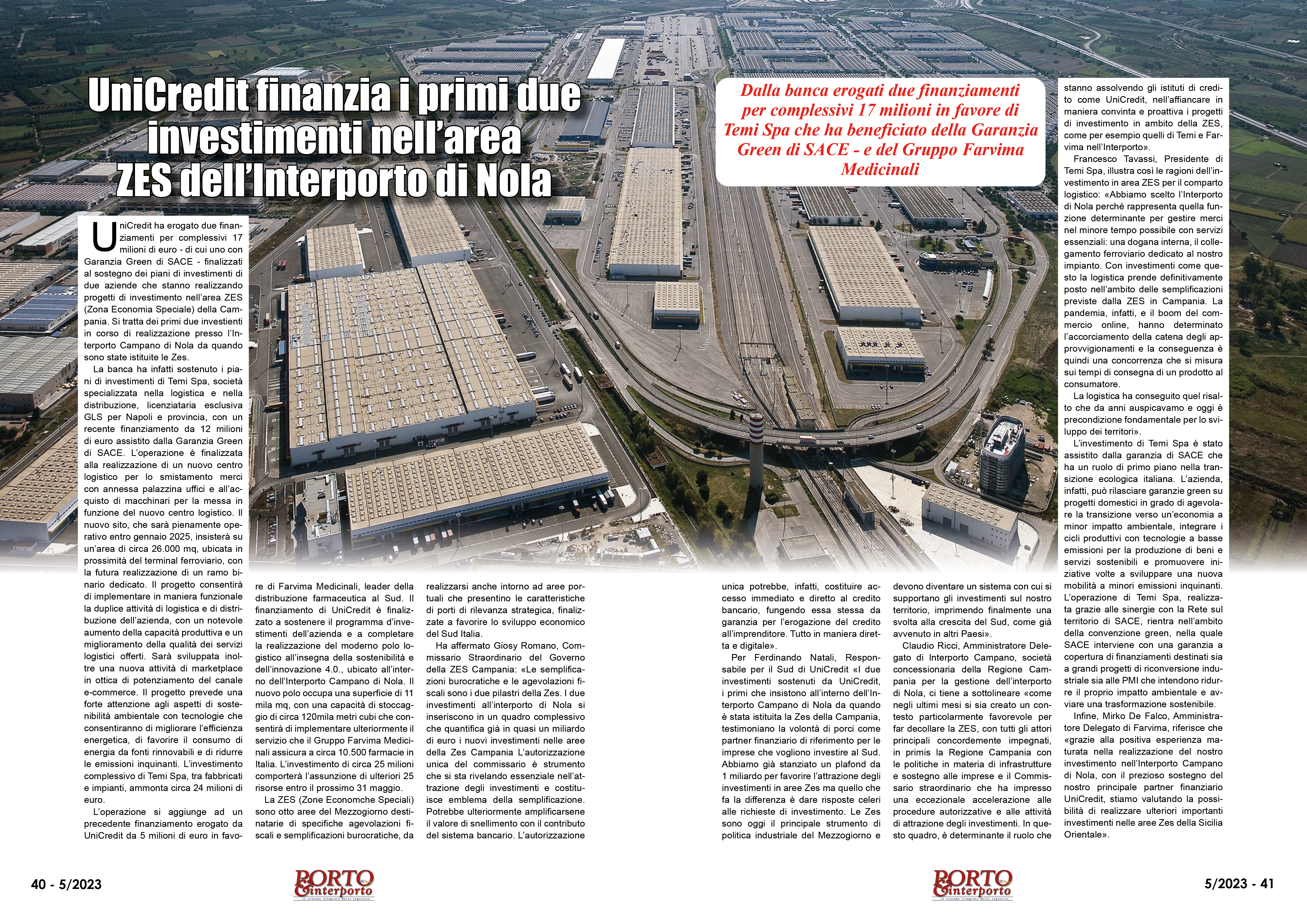 MAGGIO 2023 PAG. 40 - UniCredit finanzia i primi due investimenti nell’area ZES dell’Interporto di Nola