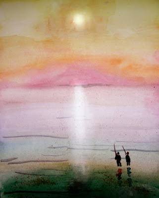 Two people on a beautiful shore fishing. Watercolour by Steven Ponsford