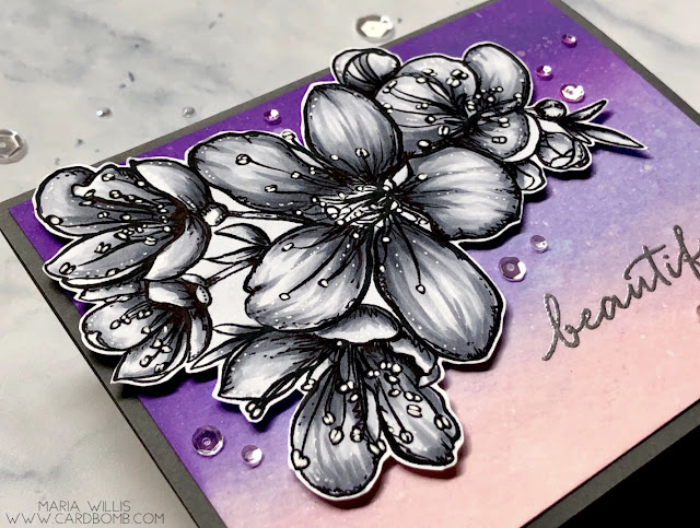 #mariawillis, #cardbomb, #card, #stamp, #ink, #paper, #papercraft, #cardmaking, #handmade, #diy, #create, #color, #copics, #copicmarkers, #flower, #ellenhutson, #mondosakura, 