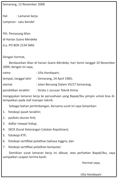 Contoh Surat Lamaran Pekerjaan Bahasa Indonesia Kelas 12  Contoh Surat