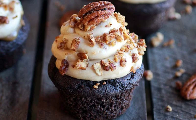Chocolate Bourbon Pecan Pie Cupcakes with Butter Pecan Frosting