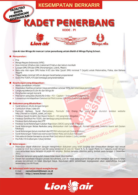 Lowongan Pilot Lion Air November 2012 untuk Tingkat SLTA