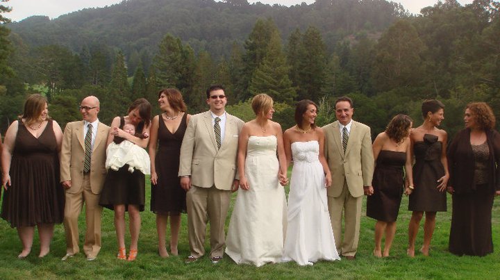 She had special permission to wear a cream dress with a brown sash 