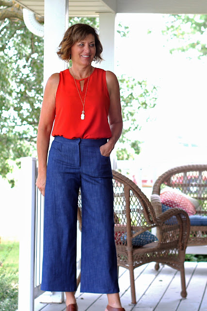 McCall's 7445 wide leg culottes, a Melissa Palmer pattern made in Mood Fabrics' stretch denim