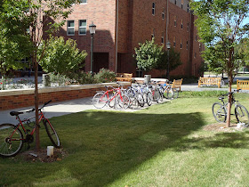 Bikes on Campus, University of Arkansas, not enough racks, Maple Hill