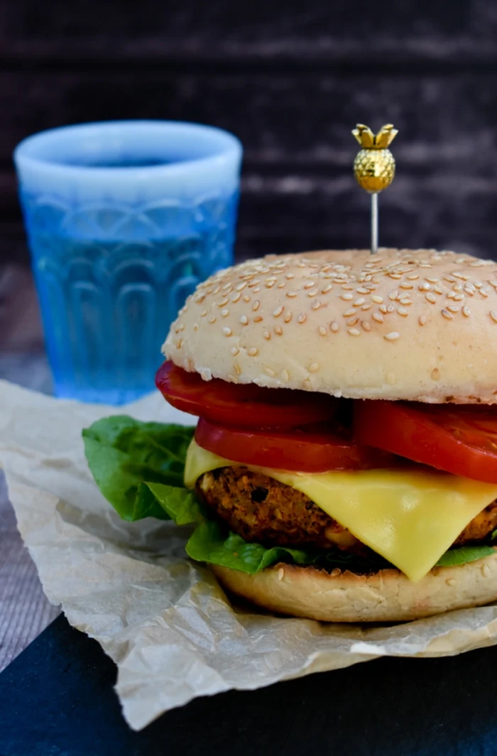 Smoky Red Pepper & Cheese Bean Burgers with melted cheese