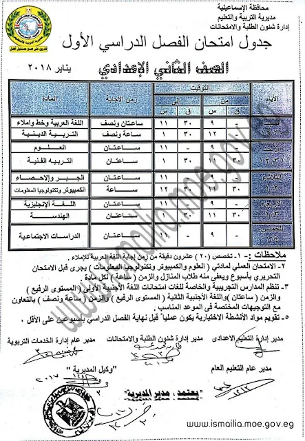 جداول امتحانات النصف الاول من العام الدراسي 2018 بمحافظة الاسماعيليه