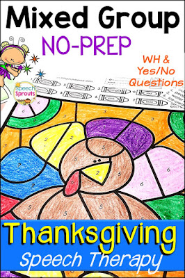 Thanksgiving preschool picture books and great ideas for turkey week! Go no-prep with activities like this color by number page. Thanksgiving speech therapy activities for those tricky mixed groups. Includes Thanksgiving wh question and Yes-No question Quick Lists.  #speechsprouts #speechtherapy #slp  #sped #preschool #kindergarten #Thanksgiving