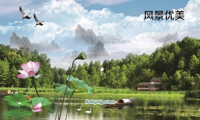 Tranh hoa sen và ngôi nhà nhỏ giữa núi rừng xanh mát