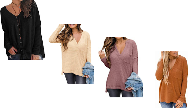 PINKMSTYLE Women's Long Sleeve V Neck Shirts Off Shoulder Waffle Knit Pullover Sweaters Tee Tops