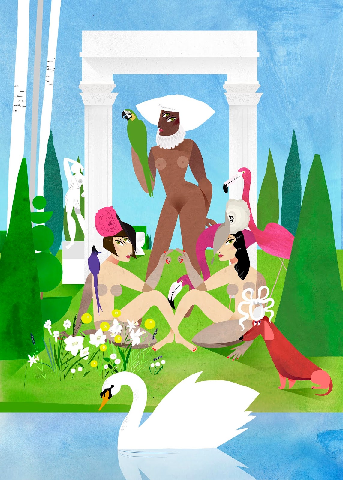 Ilustración Mr William trio de mujeres desnudas en jardín romano