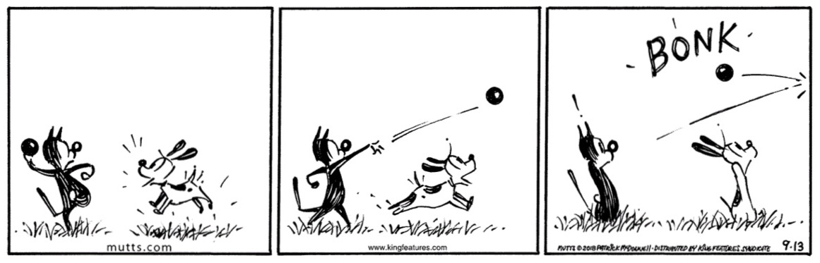 Panel 1: Mooch the cat about to throw a ball as Earl the dog waits excitedly. Panel 2: The ball in the air. Panel 3: Earl and Mooch recoiling in surprise as it bounces off the right panel border with a 'bonk'.