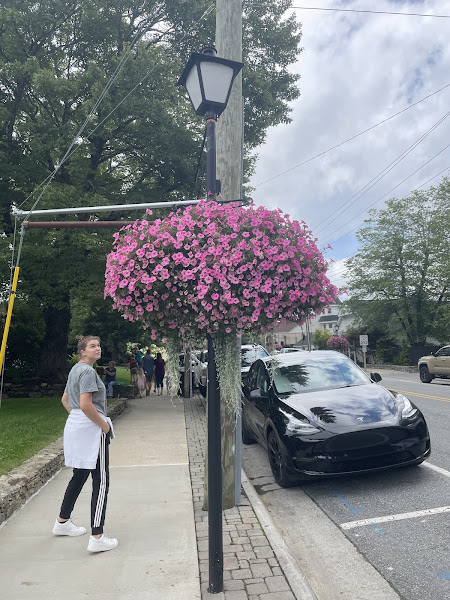 Elizabeth looking at a huge flower basket in Blowing Rock.