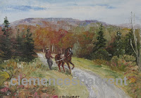 Exercising in Gaspesie, 5 x 7 oil painting by Clemence St. Laurent - man walking behind his horse in the fall countryside