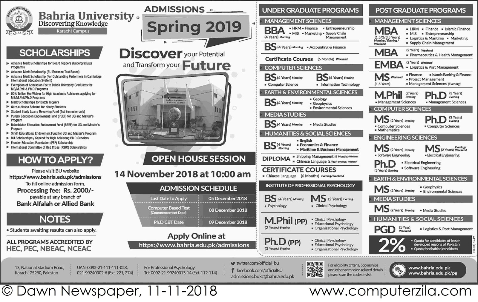 Admissions Open For Spring 2019 At BAHRIA Karachi Campus