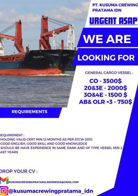 Looking for CO, 2O, 3E, AB, Oiler Kapal General Cargo November 2023