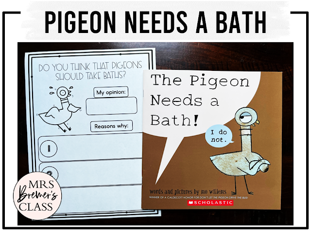 The Pigeon Needs a Bath book activities unit with literacy printables, reading comprehension companion activities, lesson ideas, and a craft for Kindergarten and First Grade