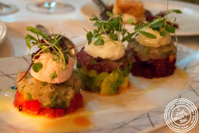 Image of Tartare trio at Thalassa Greek restaurant in Tribeca NYC, New York