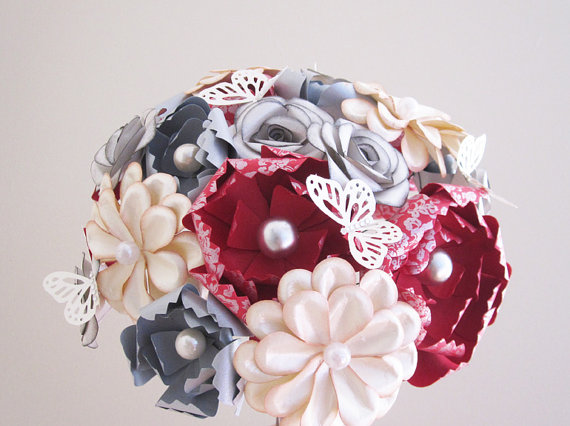  create her wedding bouquet in her colors raspberry red gray and ivory 