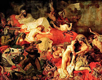 The Death of Sardanapalus of romantic French painter Eugène Delacroix c.1827, related to Greece on the Ruins of Missolonghi.