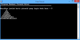 Program Pascal : Contoh penggunaan PROCEDURE dan perulangan IF ELSE membuat piramid Bilangan