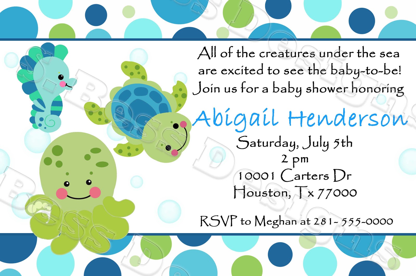 Blue sea creatures baby shower invitation