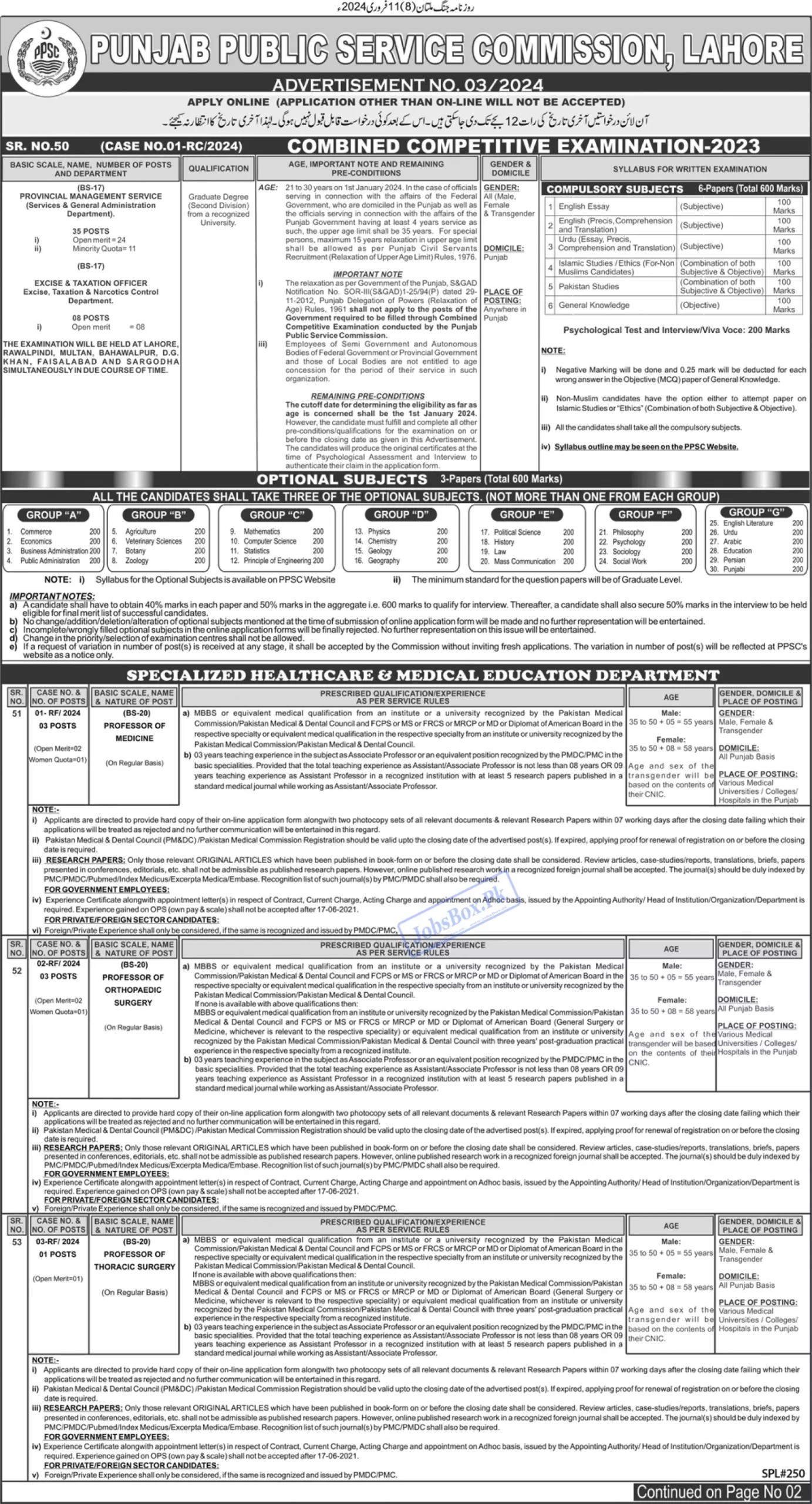 PPSC New Jobs Advertisement No. 3/2024 Latest Ad