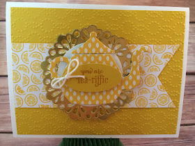 This yellow tea pot card uses Stampin' Up!'s A Nice Cuppa stamp set and the Cups & Kettle Framelits Dies - both from the 2016 Occasions Catalog.  It also uses the Have a Cuppa Designer Series Paper Stack and the Metallic Doilies.  www.stampwithjennifer.blogspot.com