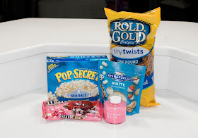 valentine's valentines valentine day snack treat dessert idea school popcorn pretzels m&ms chocolate pink mix